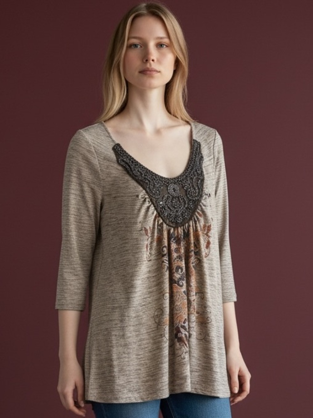 ❤️ Apt. 9 Sequin Beaded Trim Boho Knit Tunic Top